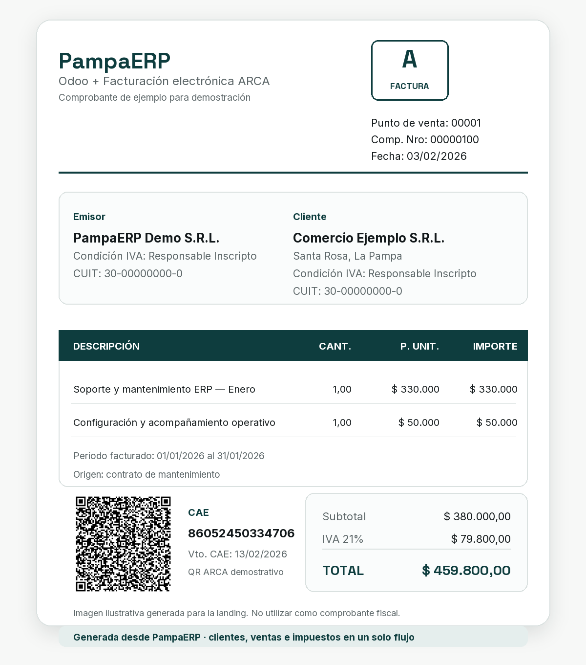 Factura electrónica ARCA de ejemplo generada desde PampaERP, con CAE y código QR demostrativo